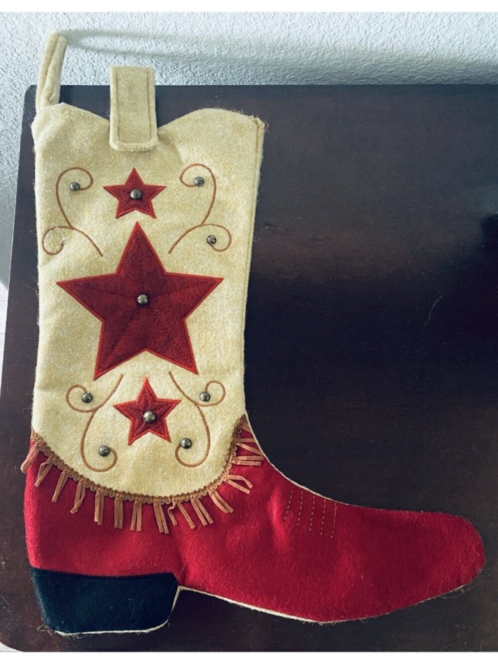 Cowboy/girl Christmas Stocking Stars Fringe Embroidered Appliquéd Red Tan Read